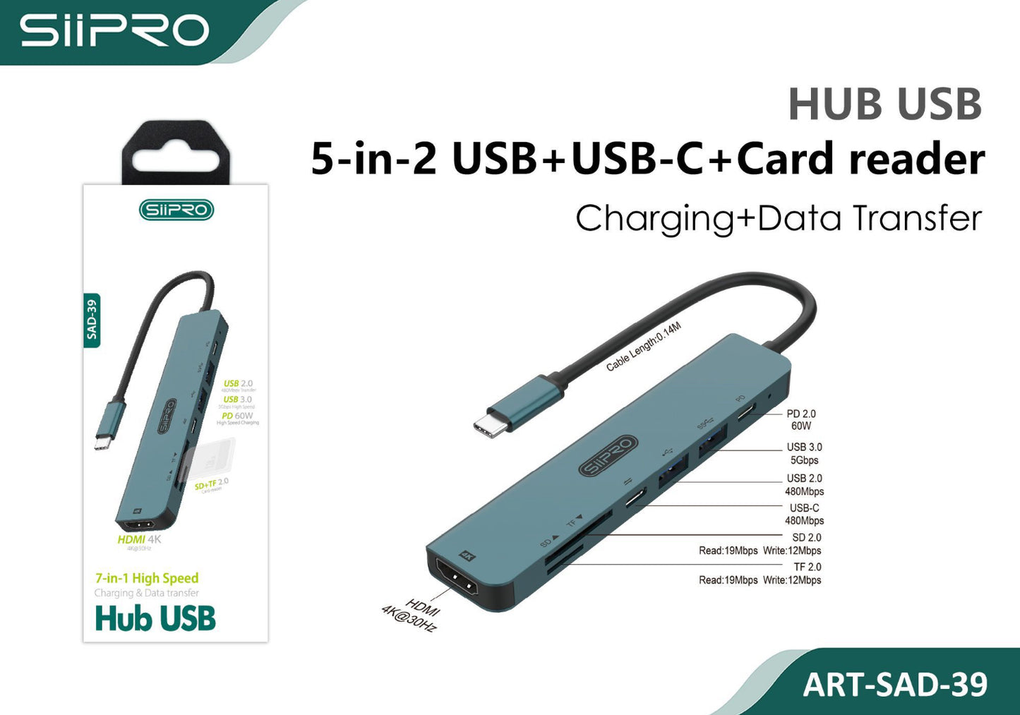 Hub usb Tipo-c 7 in 1 Ettore card HDMI usb 2.0 3.0 PD 60w