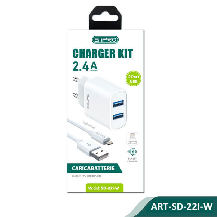 Kit di ricarica 12w 2A da viaggio spina 2 usb-a + cavo usb per iPhone Siipro