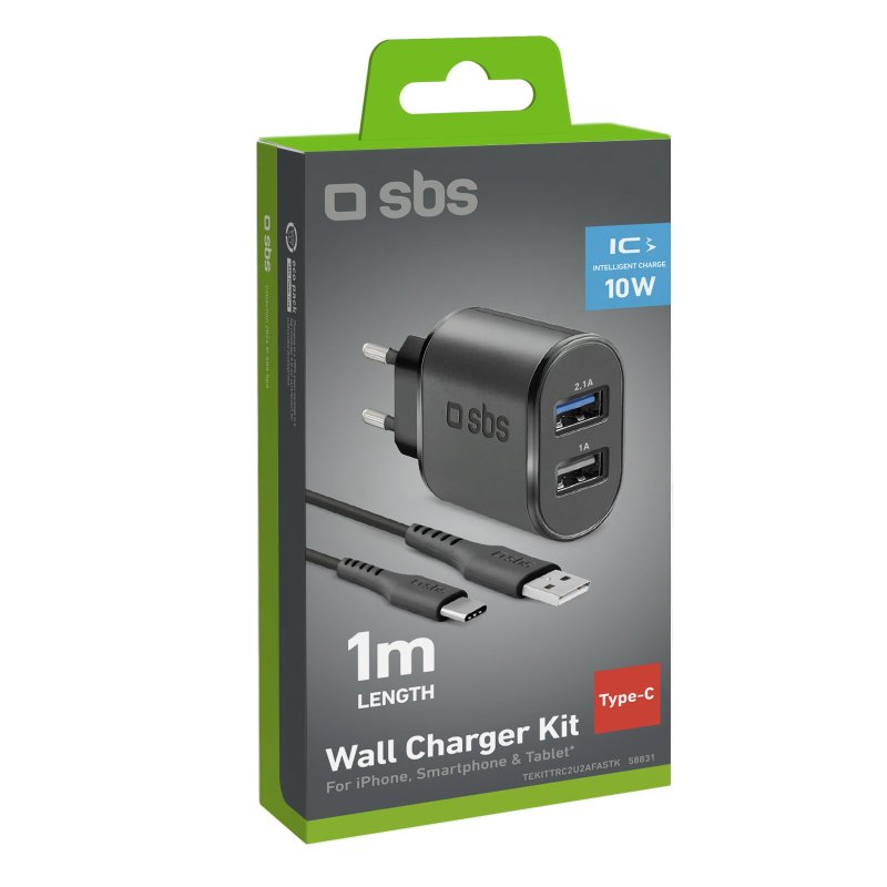 Kit caricabatterie SBS caricatore per due dispositivi con cavo USB e USB-C incluso