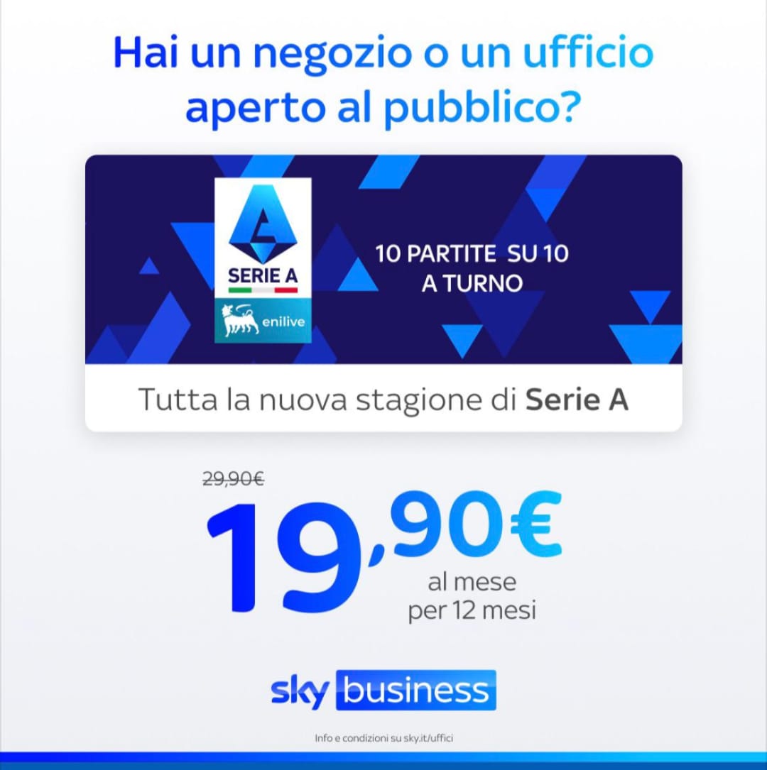 Sky Tutta la stagione di Serie A € 19,90 + iva al mese solo per partita iva