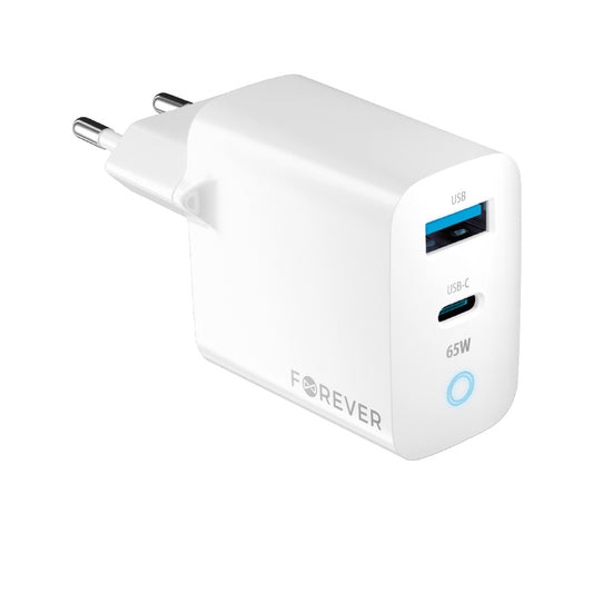 carica batteria 2 in 1 Forever TC-06-65AC GaN PD QC charger 1x USB-C 1x USB 65W white