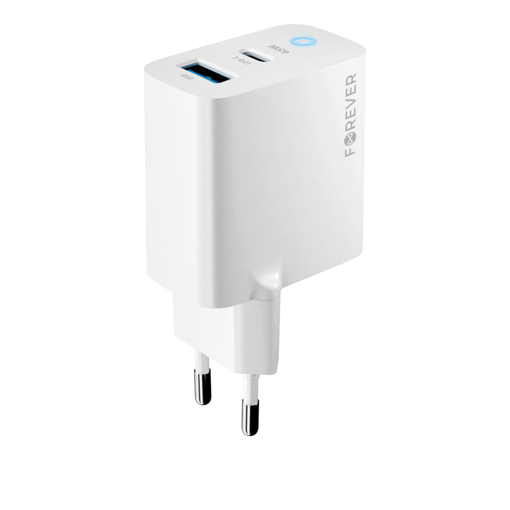 carica batteria 2 in 1 Forever TC-06-65AC GaN PD QC charger 1x USB-C 1x USB 65W white