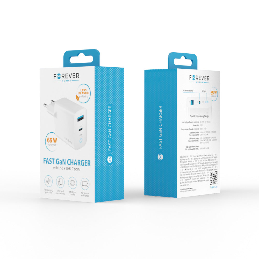 carica batteria 2 in 1 Forever TC-06-65AC GaN PD QC charger 1x USB-C 1x USB 65W white