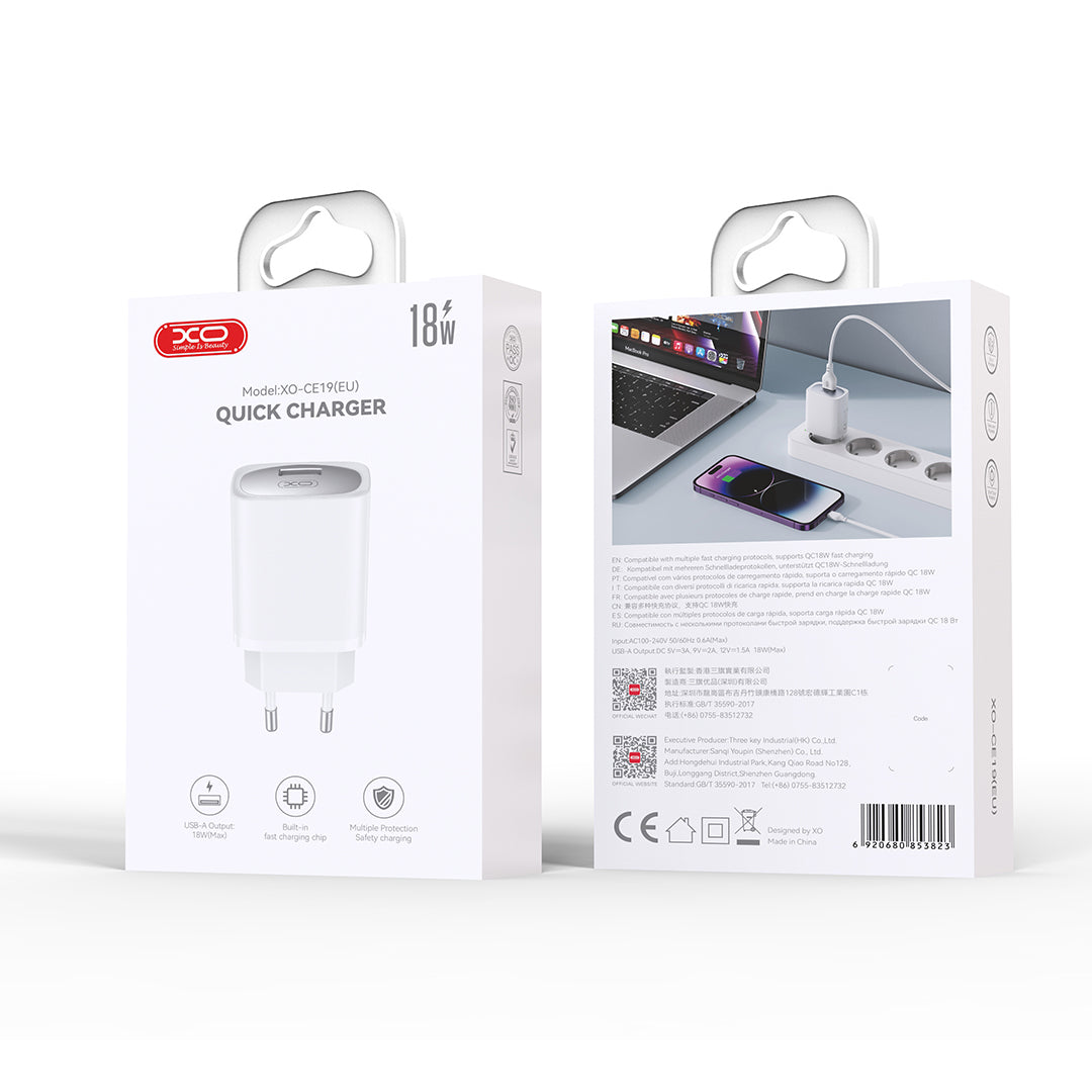 XO wall charger carica batteria CE19 QC 18W 1x USB white