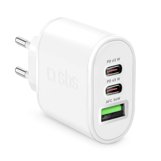 Caricatore SBS Ultra Fast GaN da 65W con 2 porte USB-C + 1 USB-A - Bianco