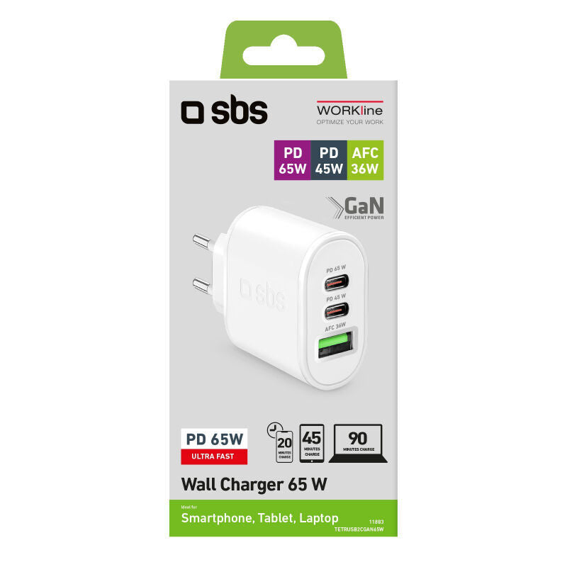 Caricatore SBS Ultra Fast GaN da 65W con 2 porte USB-C + 1 USB-A - Bianco