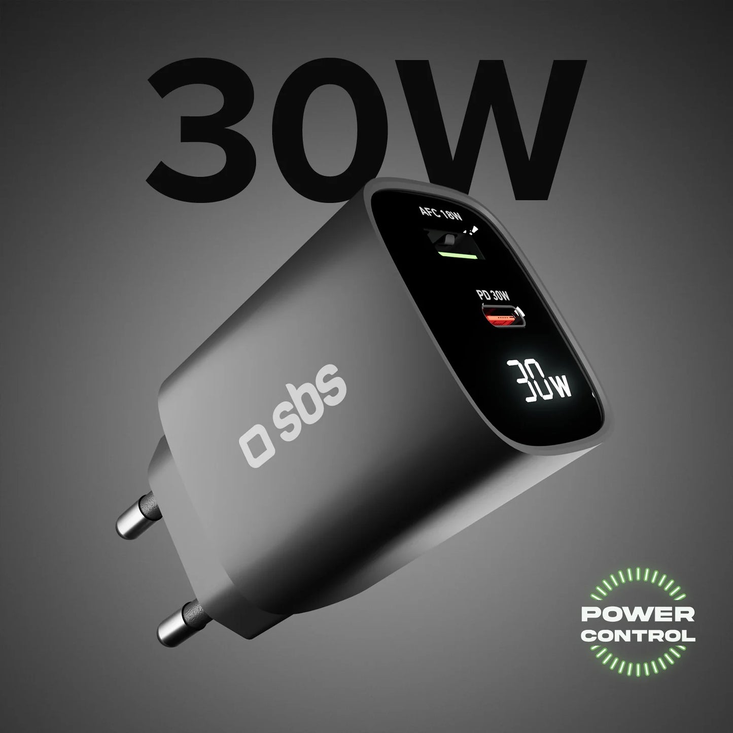 Caricabatterie SBS da muro schermo LCD 1 uscita USB-C PD 30W 1 uscita USB-A 18W
