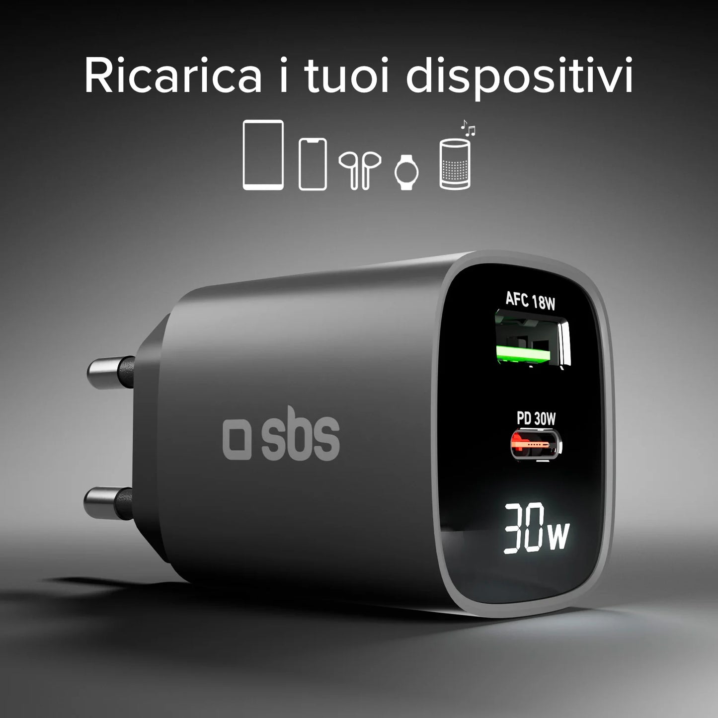 Caricabatterie SBS da muro schermo LCD 1 uscita USB-C PD 30W 1 uscita USB-A 18W