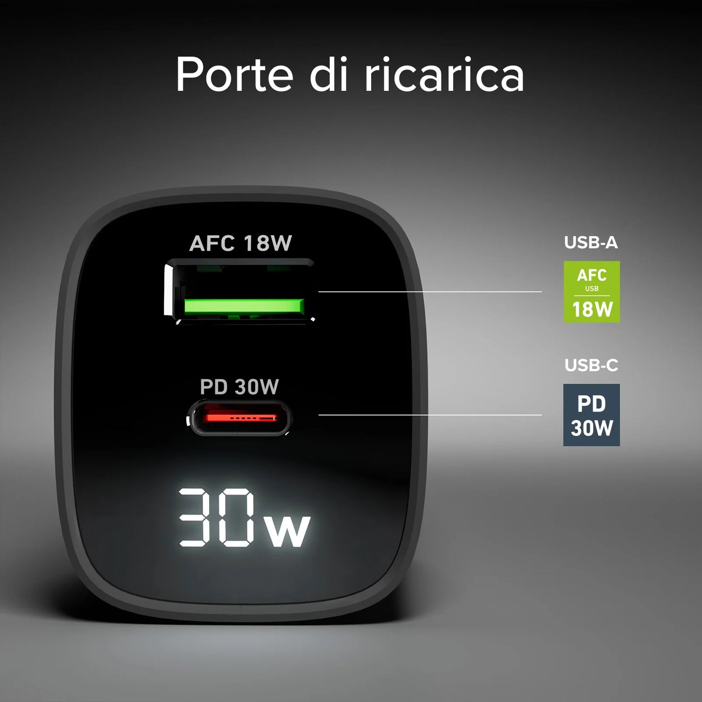 Caricabatterie SBS da muro schermo LCD 1 uscita USB-C PD 30W 1 uscita USB-A 18W