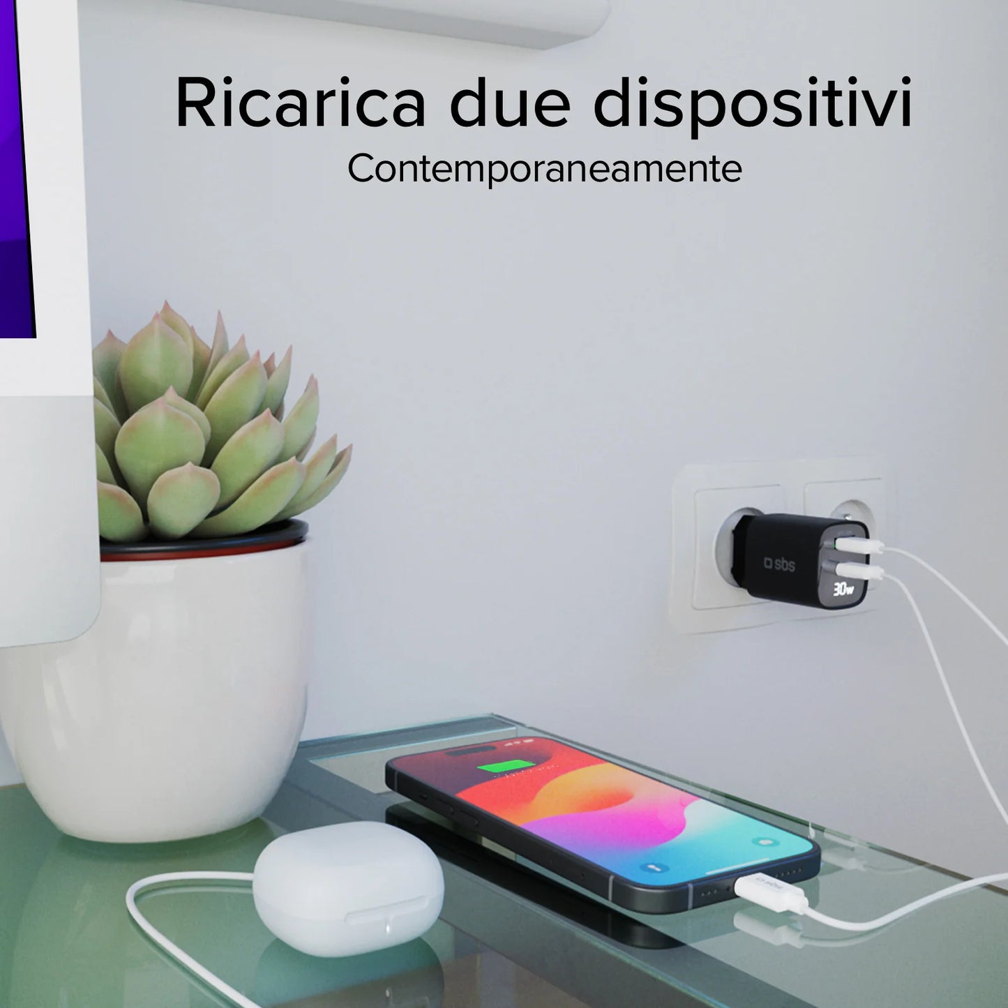 Caricabatterie SBS da muro schermo LCD 1 uscita USB-C PD 30W 1 uscita USB-A 18W