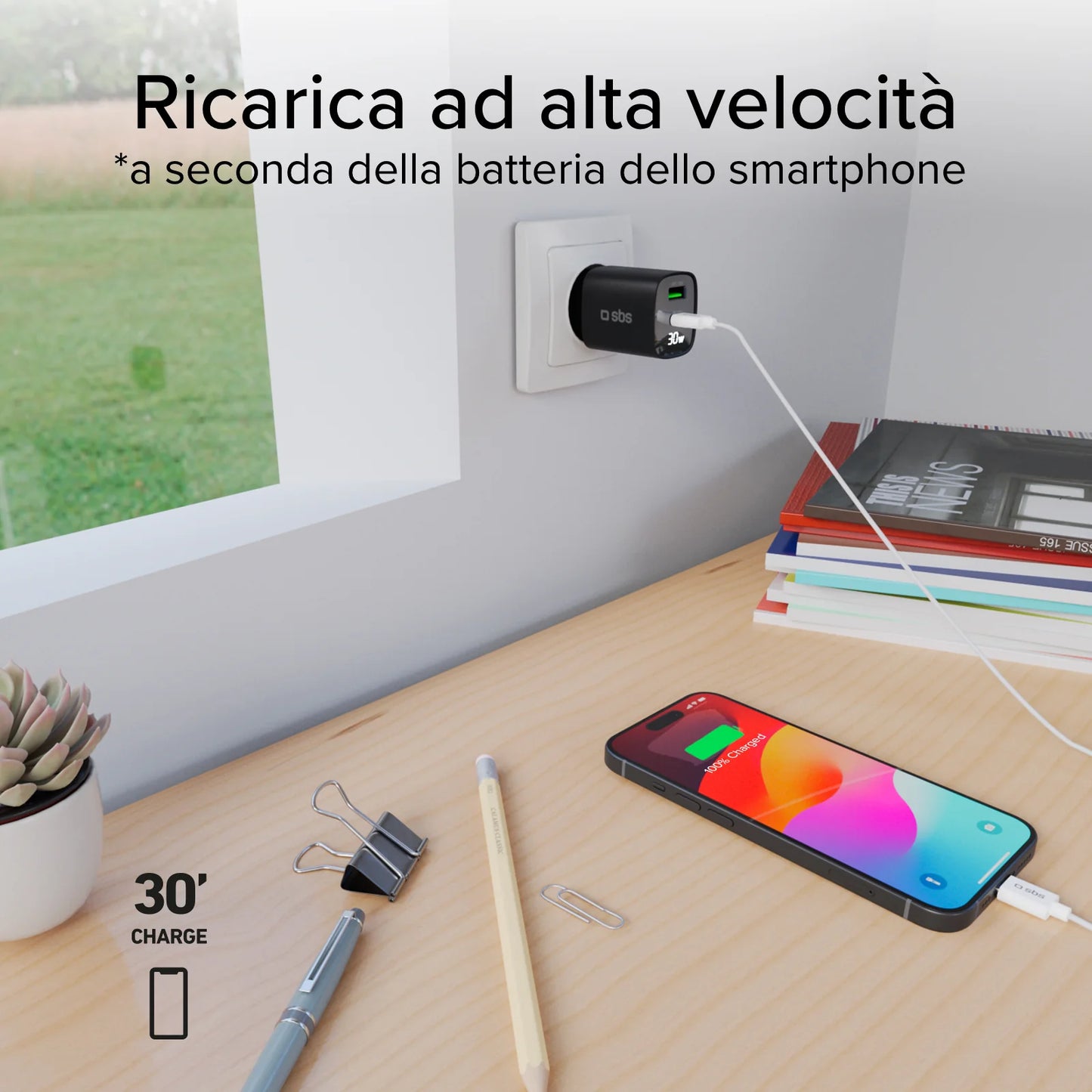 Caricabatterie SBS da muro schermo LCD 1 uscita USB-C PD 30W 1 uscita USB-A 18W