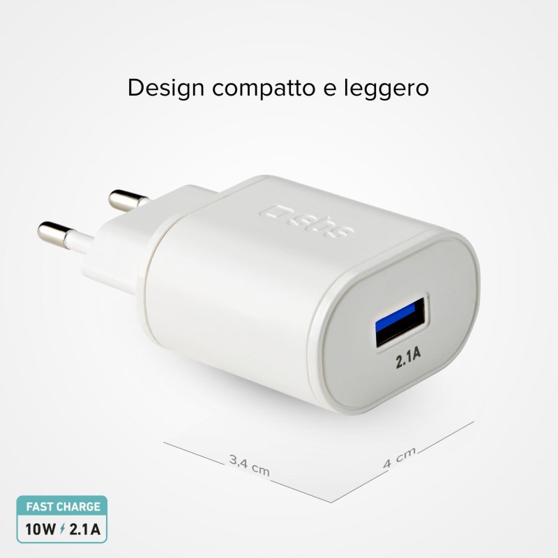 Caricabatterie caricatore 10 Watt SBS - Ricarica rapida con porta USB 2.1A Intelligent Charge (IC)