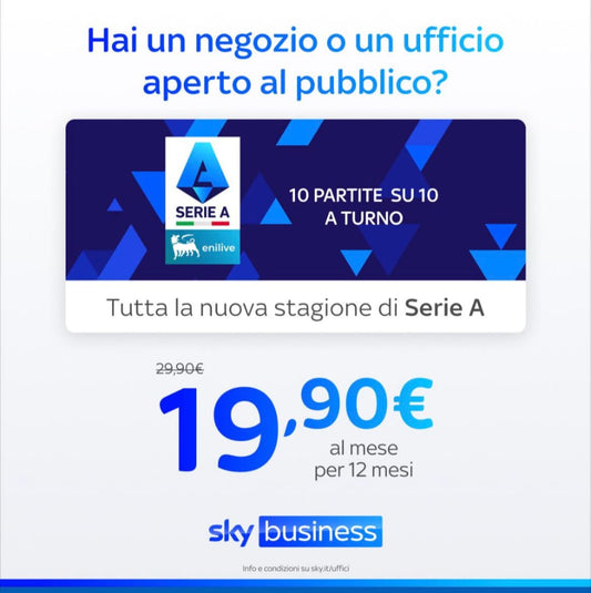Sky Tutta la stagione di Serie A € 19,90 + iva al mese solo per partita iva